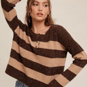 HEM & THREAD Chunky Knit Henley Sweater, Cozy Cropped Long Sleeve Pullover